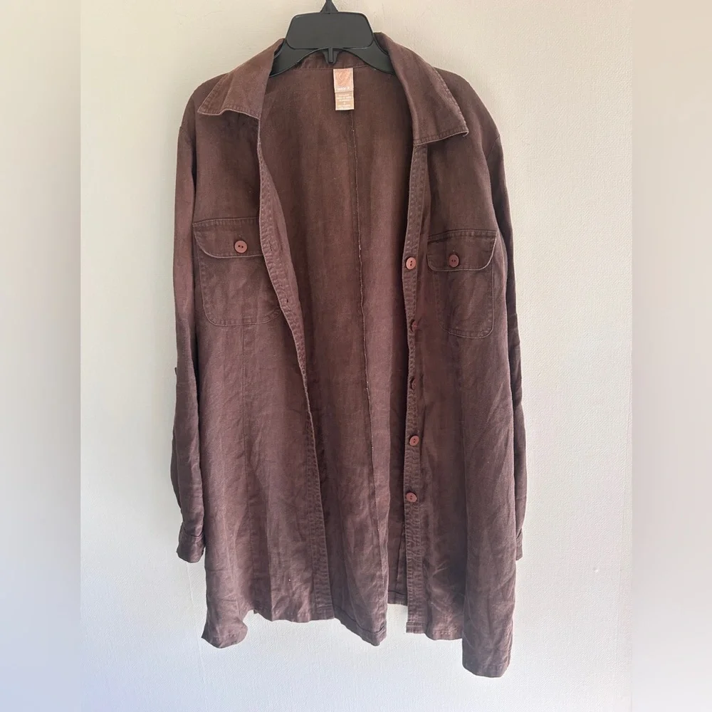 Y2K WEAR IT Brown Oversized Linen Tunic Shirt Jacket Lagenlook Earthy Boho Sz 0 - Picture 6 of 14